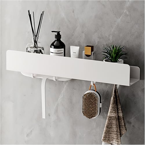 REKITA No Drill Shower Shelf Organizer, 40cm Stainless Steel Bathroom Storage with 4 Removable Hooks, Adhesive Wall Mounted Shower Caddy, Rustproof Bath Shelf for Bathroom Kitchen Living Room White