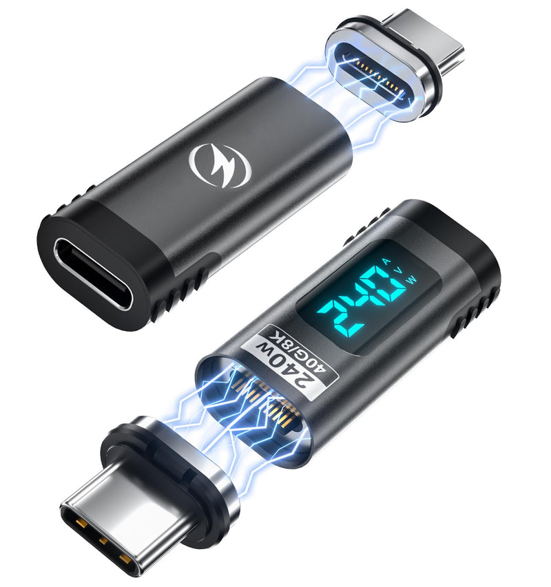 [Australia - AusPower] - 240W Digital Display USB C Magnetic Adapter 2Pack, 24Pin Straight USB C Power Meter Tester, Support Voltage, Current and Power Smart LED Display PD 240W, 40Gbps 8K 60Hz Video for 16/15, iPad, MacBook 