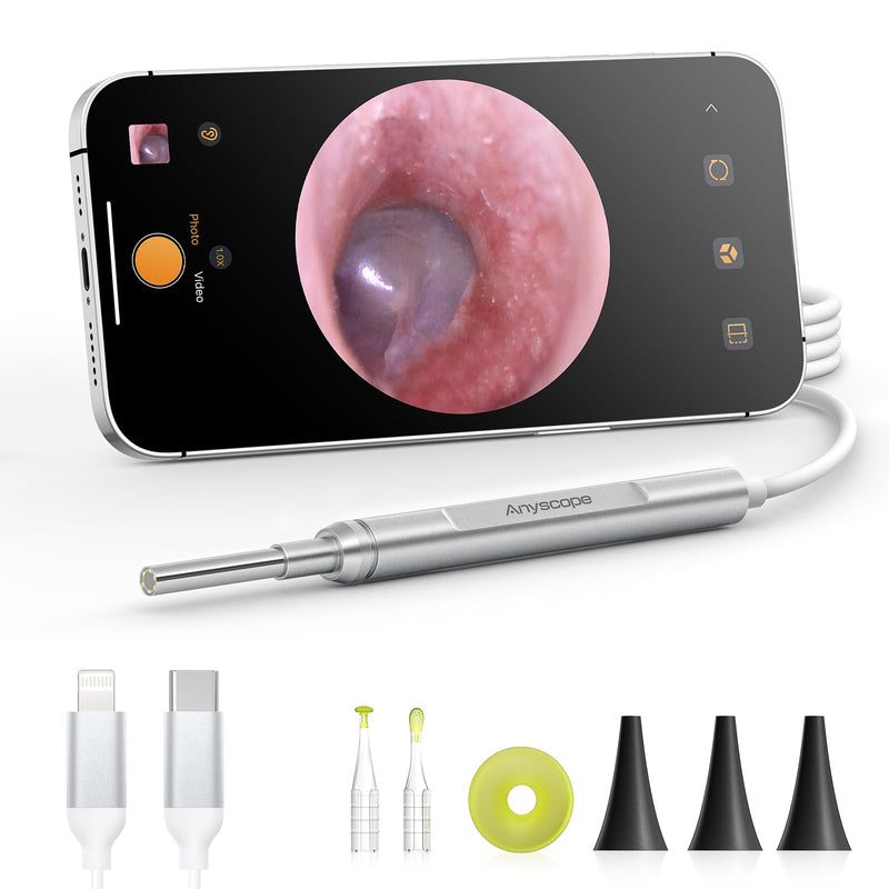 [Australia - AusPower] - Digital Otoscope Compatible with iPhone and Android Devices, HD Ear Camera with Ear Wax Removal Tools, Video Ear Scope Otoscope with Light, Capture Photos and Videos (Silver) Silver 