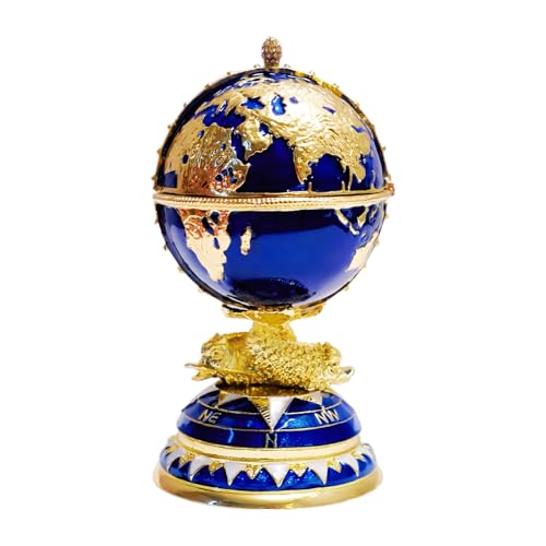 Blue and gold enameled decorative globe jewelry box with world map design by ComfieGoodie, perfect for storing trinkets and jewelry.