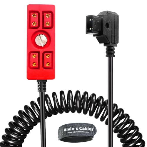 Alvin's Cables Dtap Splitter Cable Dtap Male to 4 Port D Tap Female Splitter Hub Power Coiled Cable for ARRI RED Teradek SmallHD SmallRig V-Mount|Gold-Mount Battery, Red Red Coiled Cable with Screw