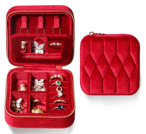 Velvet Jewelry Box – Travel Jewelry Case Organizer with Mirror, Adjustable Compartments for Women | Luxury Storage Case & Gift for Her - RubyRed