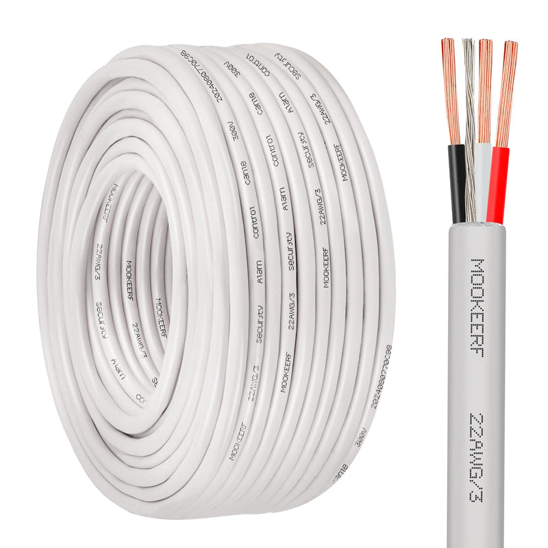 MOOKEERF 22/3 Shielded Wire 22 AWG 3 Conductor Stranded Shielded Plenum Cable 100FT White CL3P Jacket for Security/Alarm/Access Control/Sound-22AWG 3 Conductors Wire