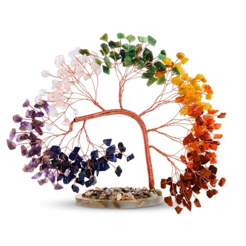 7 Chakra Crystal Tree of Life for Positive Energy, Home & Office Decor – Handmade Gemstone Money Tree with Slice Base, Feng Shui Good Luck Gift for Birthday, Anniversary, Christmas, Housewarming