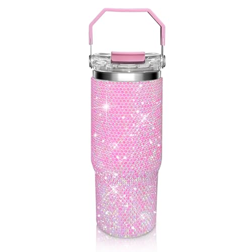 Bling Rhinestone Studded Tumbler with Top Handle, Bling Cups Stainless Steel Water Bottle Diamond Glitter Tumbler for Women - Birthday Gifts for Women, Mom,Get Well Soon Gifts (Pink) Pink