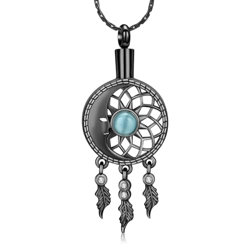 constantlife Dream Catcher Cremation Jewelry for Ashes for Women Men Moon Feather Pendant Urn Necklace Memorial Loved Ones Human Funeral Keepsake Black