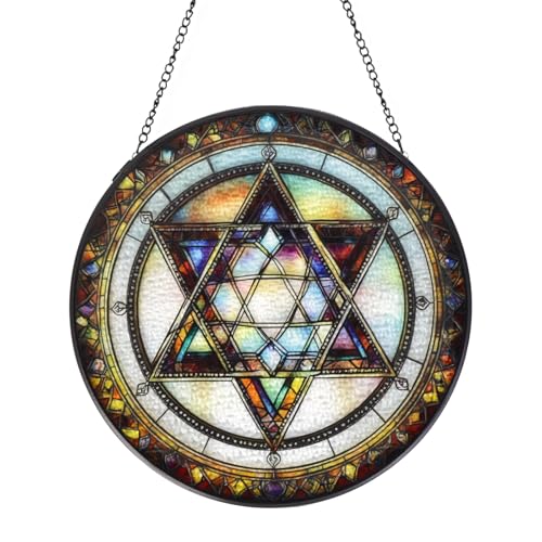 Star of David Stained Glass Window Hanging Suncatcher with Chain - 7.9" Outdoor/Indoor Art Decor for Home Garden, Thanksgiving, Wedding, Mother's, Valentine's & Christmas Ornaments Present Star of David