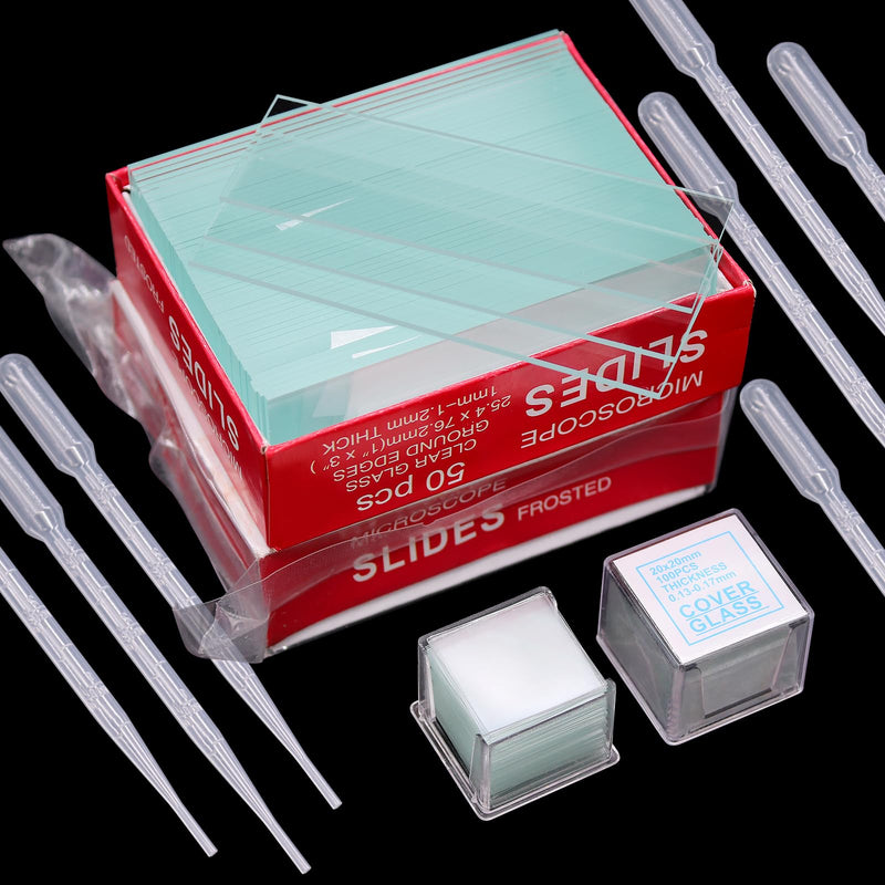 Pack of 100 Pre-Cleaned Microscope Slides 76.2 x 25.4 mm and 200 Cover Glasses Microscope 20 x 20 mm with 10 Pipette 3 ml Laboratory Biology Science Study Accessories