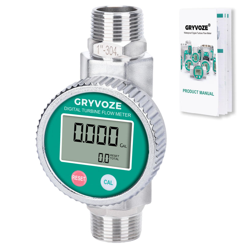 [Australia - AusPower] - 1 Inch Digital Water and Fuel Flow Meter Kit with Two Male Connectors - IP68 Waterproof and EMI Resistant, 2.4-26.4 GPM Inline NPT Flowmeter for Water, Diesel, Gasoline, and Other Liquids 