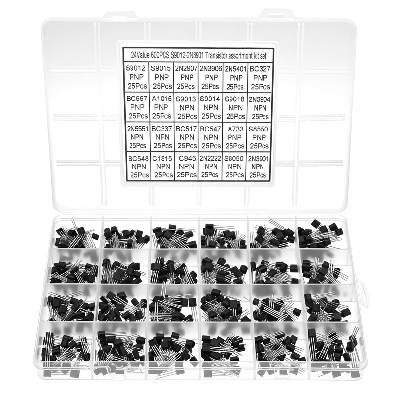 QWORK 600pcs (24 values) Transistor Assortment PNP NPN Transistors - A1015 A733 C1815 C945 BC327 BC337 BC557 2N2222 2N2907 2N3904 2N3906 2N5400 1 2N511551 S9012 S9013 S9014 S9015 S9018 S8050 S8550