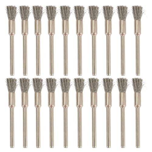 20 pieces stainless steel cleaning end brush pen, 1/8 inch (3 mm) x 1/5 inch (5 mm) metal rust removal, cleaning and polishing rotary tools