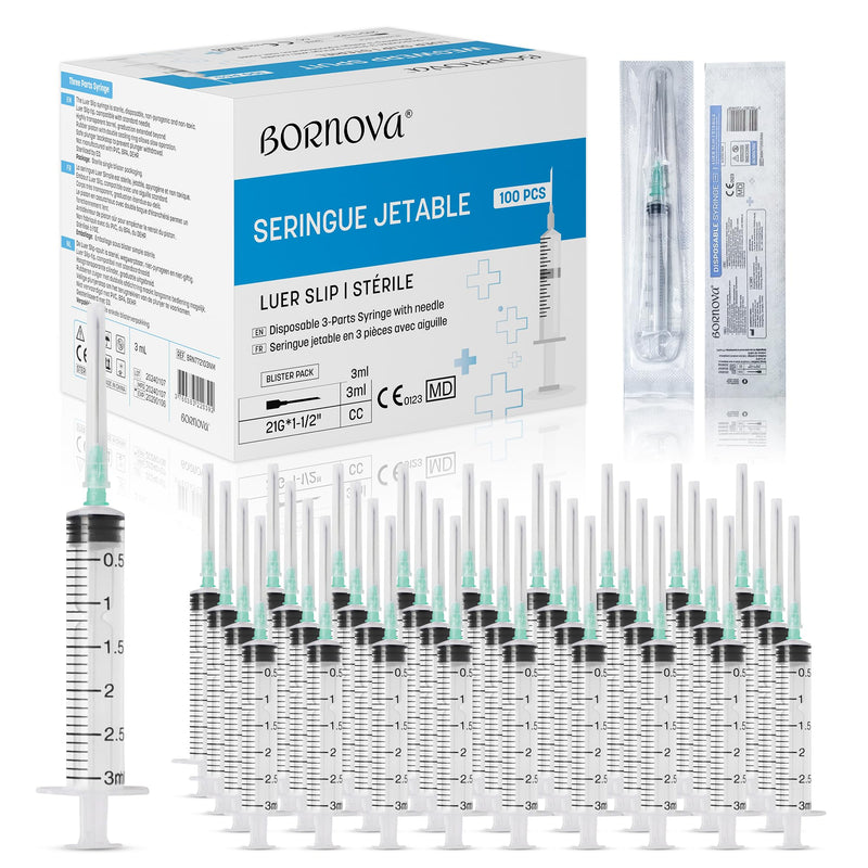 BORNOVA - 3 ml / 100 pieces with 21 g Luer Slip (pre-assembled), liquid dispenser made of high-quality plastic, suitable for liquid measurements. (3 ml / 100 pieces) 3 ml / 100 Stück