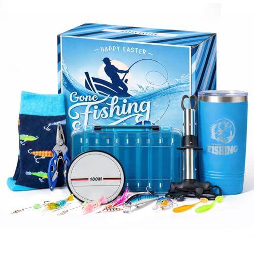 Fishing Easter Basket Stuffers for Men Teen Boys, Premade Easter Basket Gifts for Adutl Teens Husband Son with Fishing Tool Set Tumblers and Socks