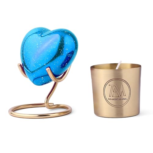 Decorative Blue Speckled Heart Keepsake with Gold Stand, Blue Galaxy Design, Heart Urns with Scented Candle for Human Remains Ashes