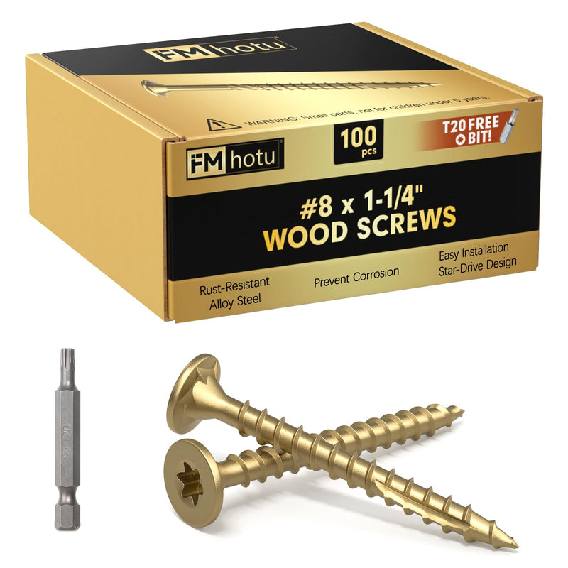 [Australia - AusPower] - #8 x1-1/4 Deck Screws, 100Pcs Star Drive Wood Screws, Rust Resistant Timber Screws for Timber/Log/Landscaping Wood, T20 Star Bit Included, Gold 1-1/4 Inch 100 