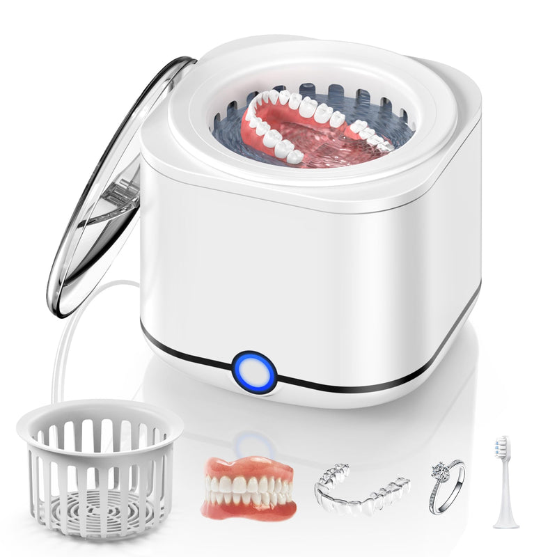 [Australia - AusPower] - Ultrasonic Retainer Cleaner, 48kHz Retainer Cleaner Machine for Dentures, Mouthguard, Braces, Night Guard, Toothbrush, Jewelry with 7.8OZ Dental Cleaning Pod-Cool White Cool White 