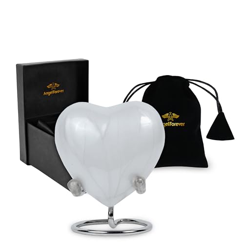 Heart Keepsake Urn for Human Ashes – Handcrafted White Aluminum Mini Heart Urn with Silver Stand, Velvet Bag & Gift Box – Small Infant or Pet Cremation Urn, 3 Cu Inches Capacity – Memorial Keepsake Heart Keepsake Urn