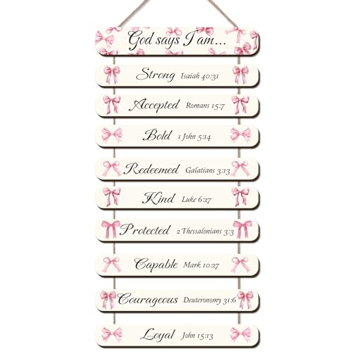 Yuntau God Says I Am Bow Wall Decor Coquette Christian Pink Bible Verses Wood Hanging Sign Pink Bow Wall Art Room Decor Inspirational Christian Gifts for Women Room Bathroom Bedroom Home Kitchen