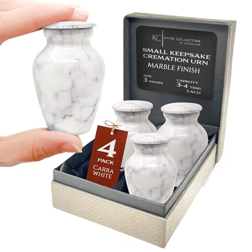 Set of 4 Elegant Marble Style Keepsake Urns – Metal Little Mini Urn for Human Ashes – Secure Screw Top – Small Personal Size – Carrara White Finish 4 Carrara White