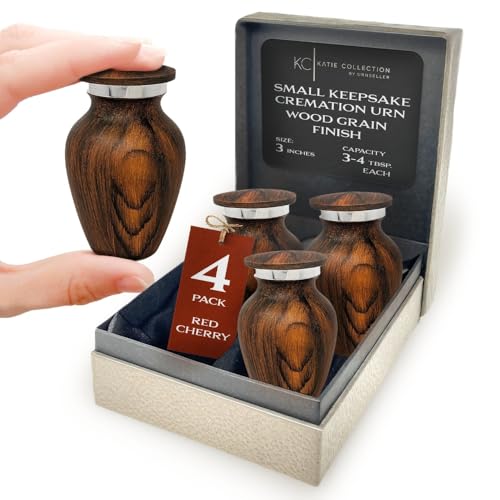 4 Pack Small Keepsake Urn for Human Ashes | Metal Wooden Cherry Style | Mini Little Memorial Ash Container | Perfect Compact Tribute for Loved Ones | Male Female Man or Woman 4 Cherry