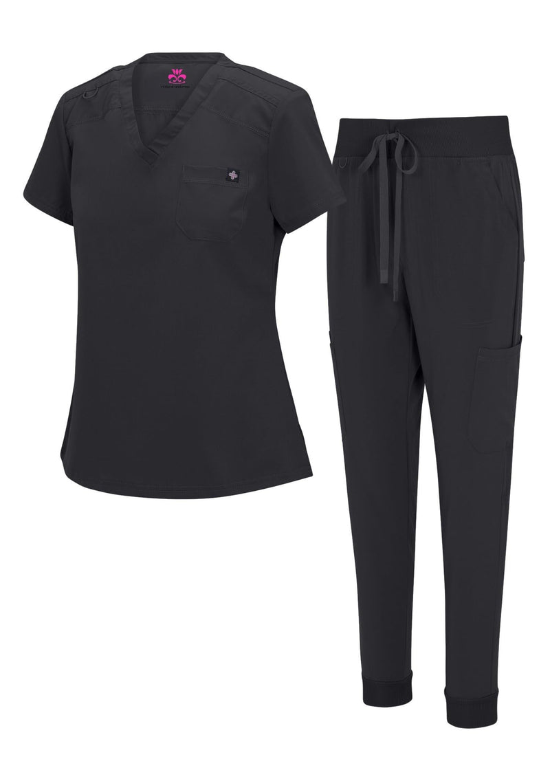 [Australia - AusPower] - Natural Uniforms Womens Cool Stretch Modern Tuck-In Top Yoga Jogger Scrub Set with Regular and Petite Sizes Black Small 