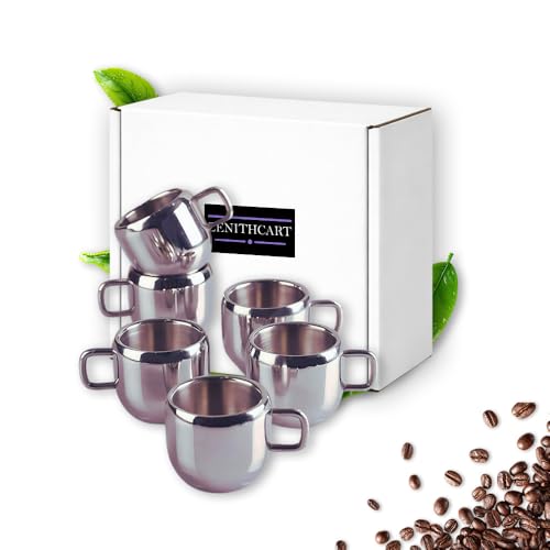 Stainless Steel Tea Cup | Espresso Cups | Chai Coffee Cup | Metal Espresso Cup | Mini Tea Cup | Water Cup For Home or Office- Double Wall (Small Size) | (50 ml Each) | (Set of 6)