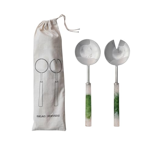 Creative Co-Op stainless steel salad servers with green and white handles, designed for serving salads in a stylish kitchen.