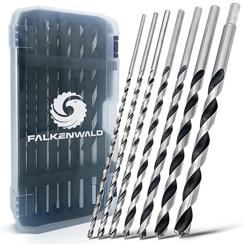 Falkenwald Wood Drill Bit Set Long 7 Pieces + Case - Long Wood Drill Bit for Precise Drilling in Soft and Hardwood - Auger Drill Bit Set - Spiral Drill Wood 7tlg - Holzbohrer Set
