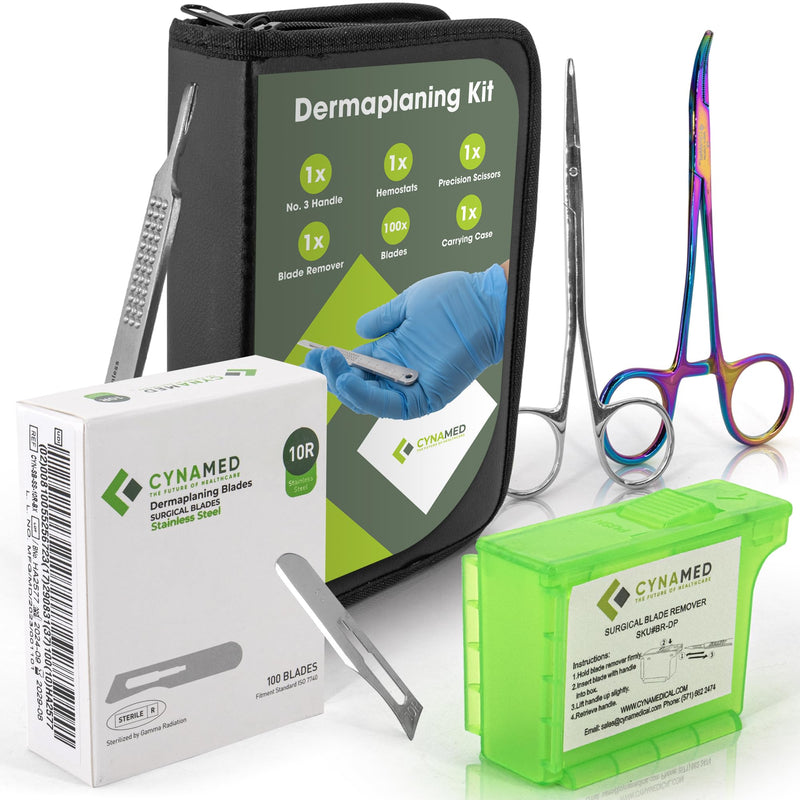 [Australia - AusPower] - Dermaplaning Kit 5PC – 100 Replacement Blades 10R, Premium Blade Remover, Precision Scissors, Hemostats, No.3 Handle & Carrying Case – Professional Exfoliation Tools for Skincare Treatments 10R Blades 