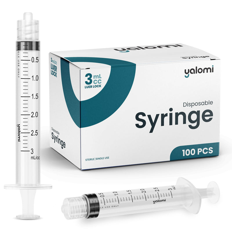 [Australia - AusPower] - 3mL Luer Lock Syringe (No Needle) | Sterile & Individually Wrapped | For Professional, Industrial & Personal Use | 100 Pack | Yalomi 