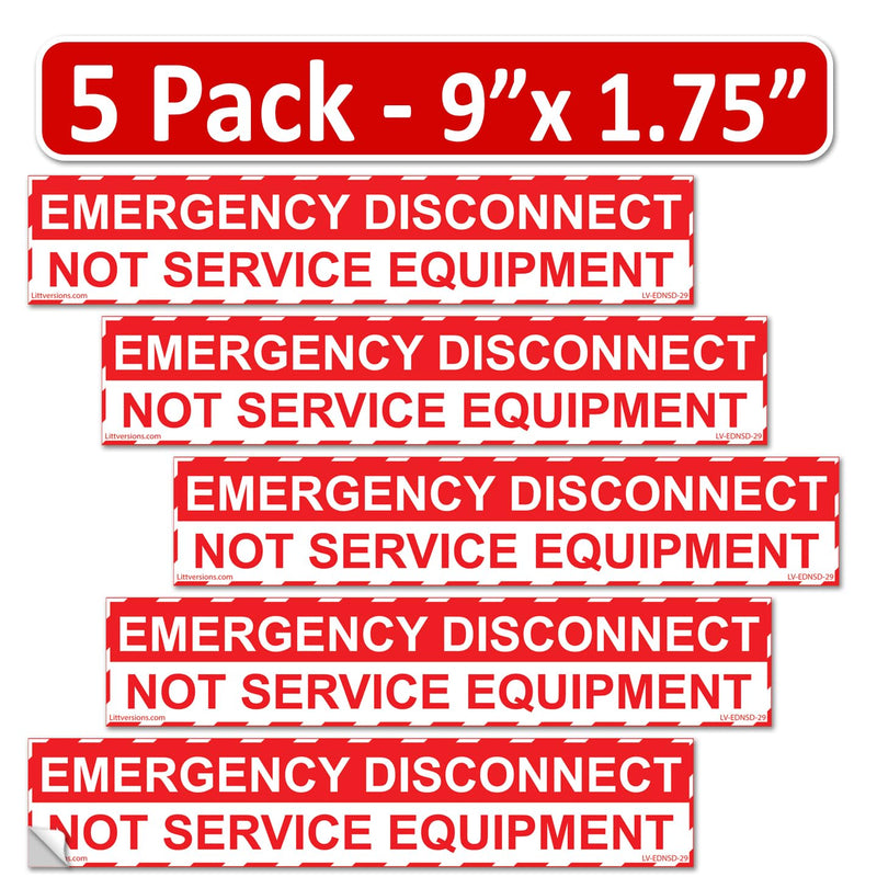 5 Pack 1-3/4"x 9" Emergency Disconnect NOT Service Equipment Labels Sign Notice Sticker Panel Heavy Duty Pressure Sensitive Vinyl Waterproof Ultra Durable Electrical 44-945 NEC Compliant Red and White 5 Pack