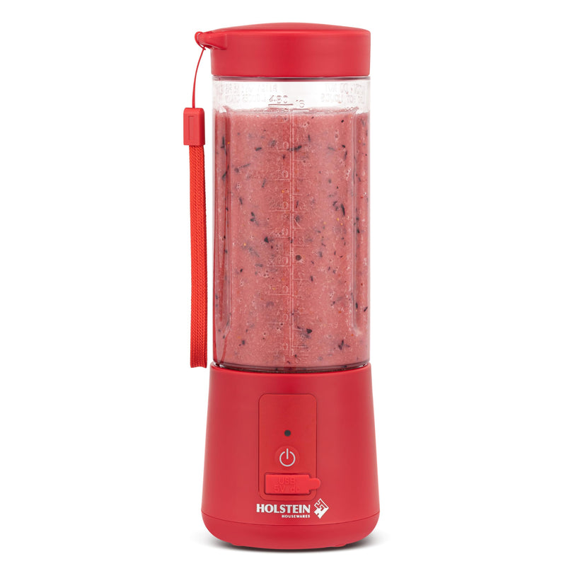 [Australia - AusPower] - Holstein Housewares - USB Portable Blender, 16oz Personal Smoothie & Shake Maker with Rechargeable Battery, Type-C Fast Charging, Spill-Free Lid & Indicator Light - Red 