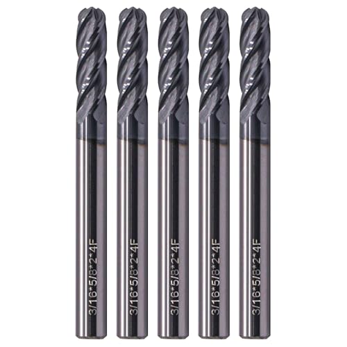 SEFHLI 4-flute solid carbide ball nose end mill set, 5-piece, 3/16-inch, AlTiN coated