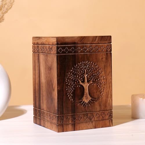 Hashcart Traditional Wooden Cremation Urn for Human Ashes, 45 Lbs Tree of Life
