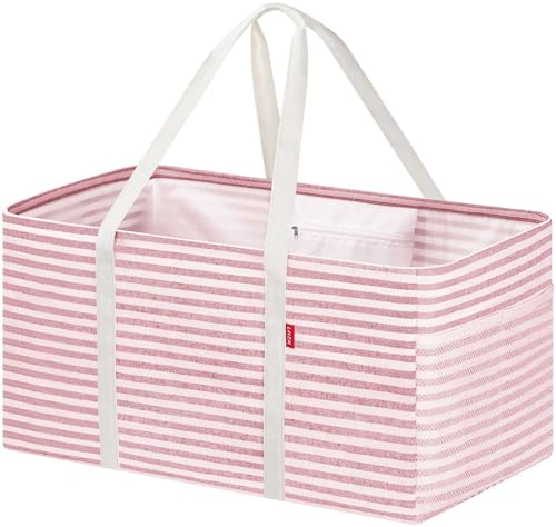 LHZK Standing Extra Large Utility Tote Bag with Metal Wire Frame and the Sides Rinforced, Extra Large Tote Bag with Handle, Reusable Grocery Bags Foldable, Beach Bag, Car Tote (Pink, 26''x15''x13'') Pink 26''x15''x13''-1 Pack