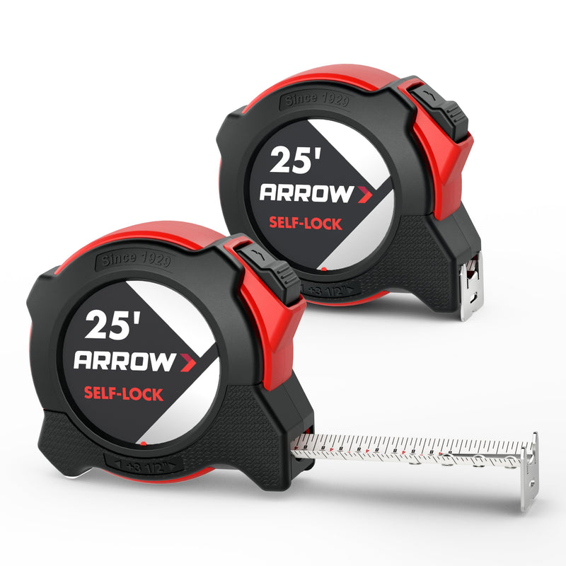 Arrow 25FT Auto-Lock Tape Measure, 2PCS Easy Read Measuring Tape with Fractions 1/8″, Double Sided Measurement Tape with 1″ Blade, Belt Clip, Dual-End Metal Hook, and Rubber Protective Casing 2