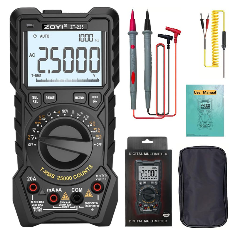 [Australia - AusPower] - ZOYI ZT-225 Digital Multimeter True RMS 25000 Counts Auto-Ranging Anti-Burn Measures Voltage Resistance Capacitance Temperature for Electricians Hobbyists Students Home Use 
