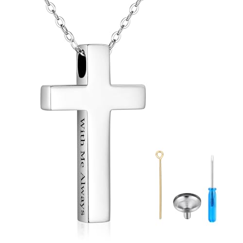 XIUDA 925 Sterling Silver Cremation Jewelry Memorial Cross Urn Necklace for Ashes Keepsake Urns Pendant Necklace for Men Women Silver, With Me Always