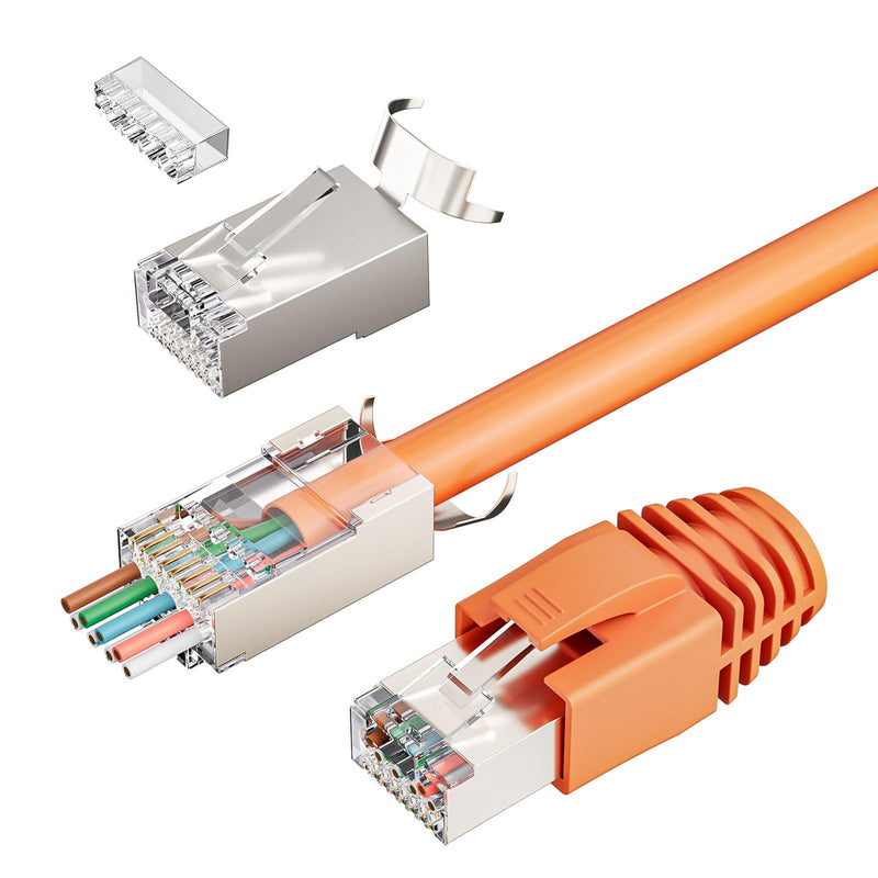 FGB 10Gbps RJ45 Connector CAT 7 CAT 6A, Set of 10 | 50μ gold-plated, PoE capable, network plug, pass-through and shielded, LAN plug for installation cable AWG23, Cat6a/6/5/5e