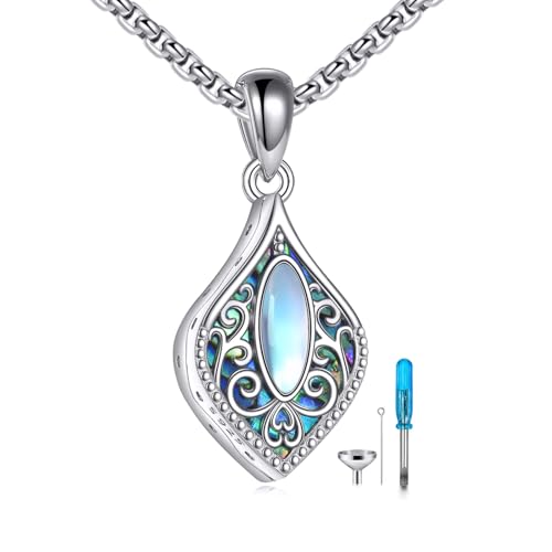 ONEFINITY Urn Necklaces for Ashes 925 Sterling Silver Filigree Moonstone/Teardrop Turquoise Necklace for Ashes Keepsake Memorial Cremation Jewelry for Ashes for Women Lady Filigree Moonstone Abalone