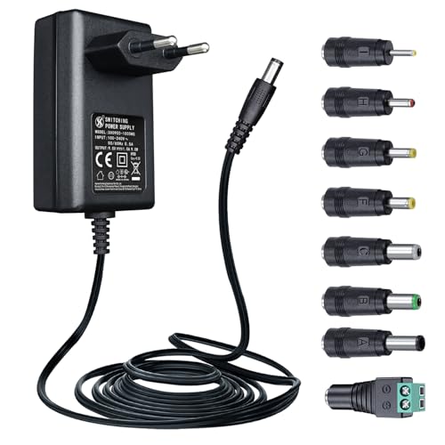 9V 1A/1000mA 1.8M Power Supply with 8 DC Plugs, AC/DC 9W Switching Power Supply for Arduino UNO MEGA/Tapo Camera/Cross Trainer/Router/Speaker, Positive Pole Inside - CE Certified 9V 1A mit 8 steckers