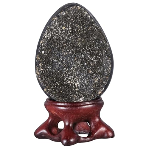 TUMBEELLUWA 50-70 mm Black Crystal Cluster Geode Egg with Display Stand Height 1.97-2.76 Inch