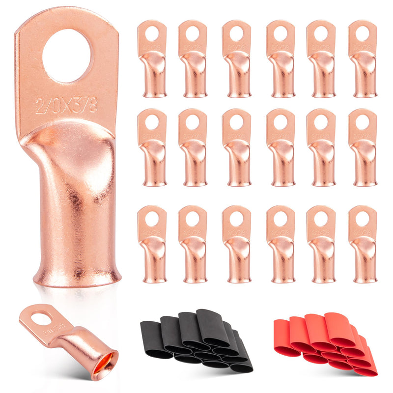RED WOLF 2/0 AWG 3/8" Battery Cable Lug 20 PCS w/3:1 Heat Shrink Tubing for Wiring Insulation Black Red 20 PCS for Automotive Electrical 00 Gauge Wire Copper Lug Marine Grade M10 Ring Terminal Ends 2/0 AWG-3/8"(M10)