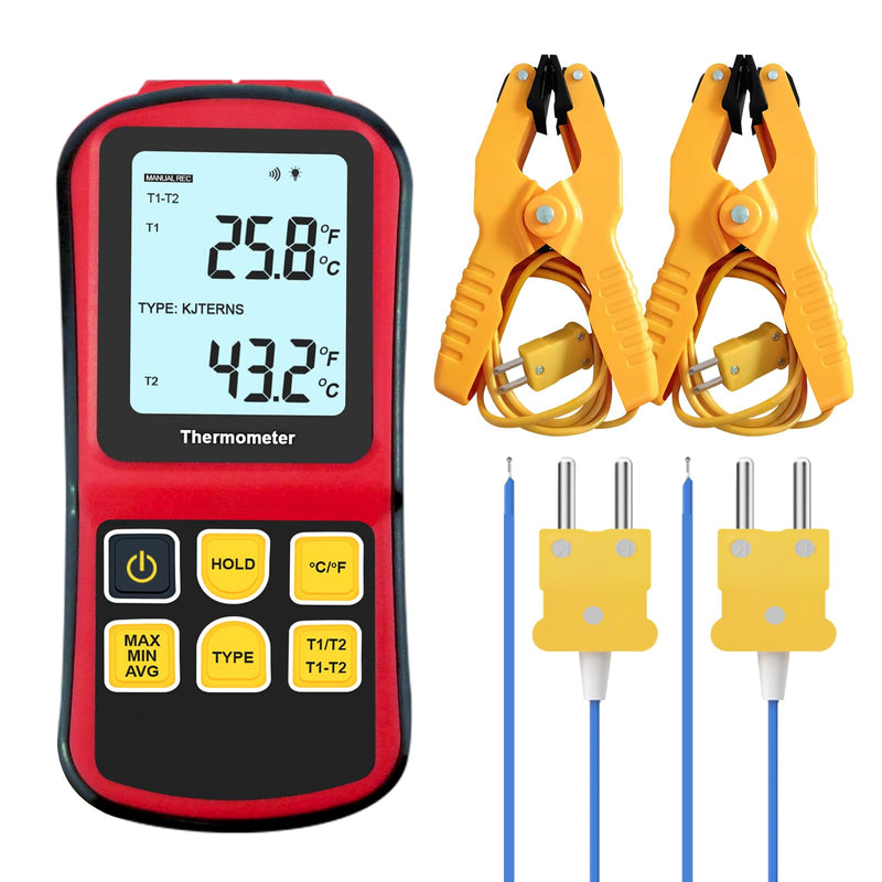[Australia - AusPower] - Digital K Type Thermocouple Thermometer, Dual Channel Thermocouple Tester(-238~3212℉) with 2 Temperature Clamp and 2 Wired Thermocouple Probes Red 