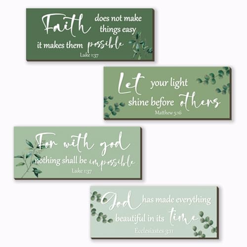 4 Pieces Christian Bible Verses Wall Decor Wooden Religious Art Green Sage Bathroom Decor Religious Gifts for Women Office Home Bedroom Bathroom Living Room(Green 10x4 Inches)