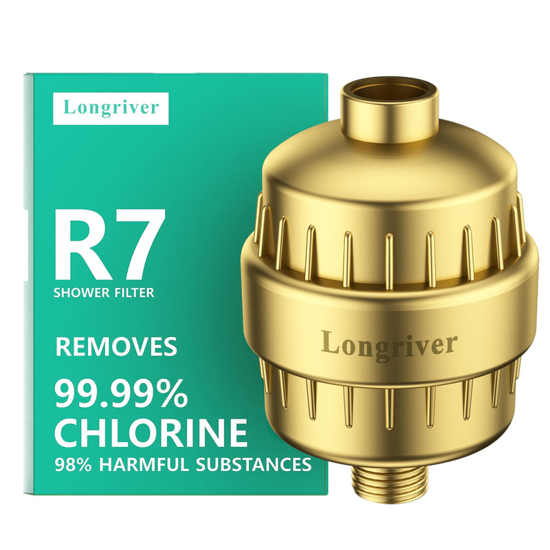 R7 Shower Filter High Put Shower Water Filter for Hard Water 99.99% Remove Chlorine, Heavy Metals, Shower Water Softener, Improve your skin and hair, Bathroom Fixture Hardware Parts, Brushed Gold 1 X Brushed Gold