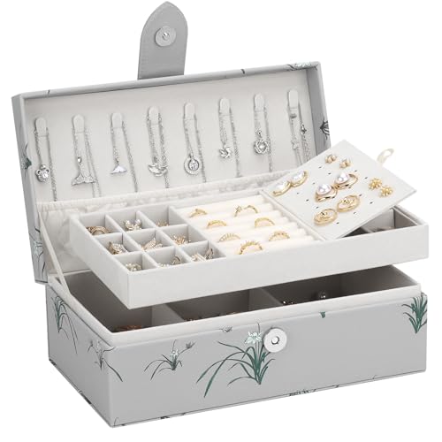 DesignSter 2 Layer Large Jewelry Box for Women, Leather Jewelry Organizer with Removable Jewelry Tray, Jewelry Storage Case for Necklaces Earrings Bracelets and Rings（Orchid） Orchid