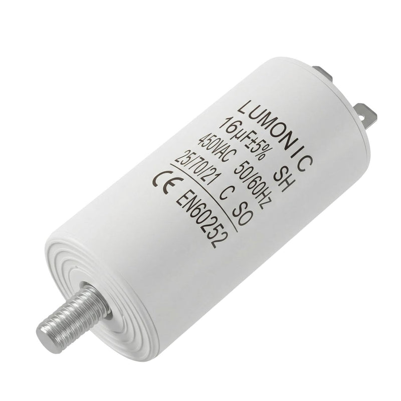 Lumonic Starting Capacitor 16µF 450V with Plug I 34 x 70 mm I 16uF I Motor Capacitor with Plastic Housing I Operating Capacitor I for Pumps, Lawnmowers, Tools Plugs