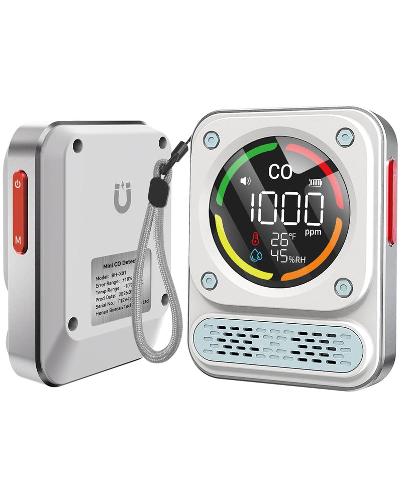 MOESAPU 3-In-1 Portable Carbon Monoxide Detector, 0-1000ppm CO Meter with Temperature Humidity, 260H Standby Rechargeable Battery, Magnetic Air Quality Monitor Alarm for Travel car Camping Home Safety White