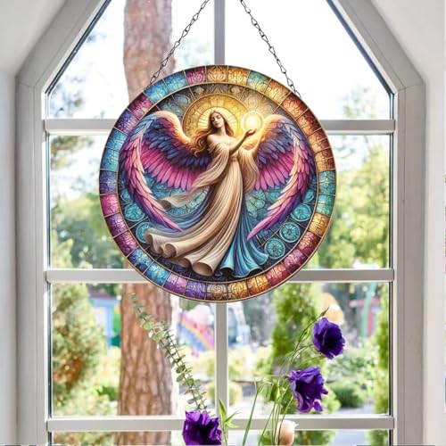 Angel Stained Window Hangings with Chain– Acrylic Round Ornament for Garden, Patio and Indoor Decor, Housewarming Gift for Mom, Grandma